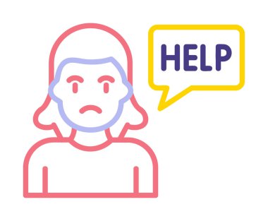 Yardımcı konuşma balonu simgesi, vektör illüstrasyonlu üzgün kadın