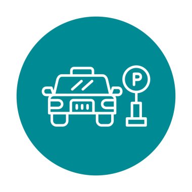 Çember vektör illüstrasyonunda park simgesinin yanındaki araba