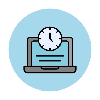 Saat simgesi olan dizüstü bilgisayar, vektör illüstrasyonu. Fazla çalışma kavramı                