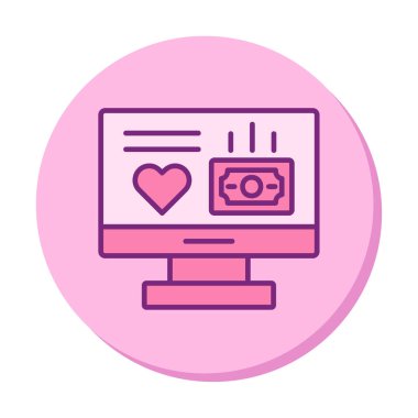 Para ve kalp web simgesi, vektör illüstrasyonlu bilgisayar monitörü