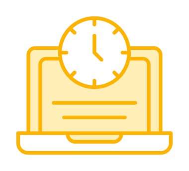 Saat simgesi olan dizüstü bilgisayar, vektör illüstrasyonu. Fazla çalışma kavramı                