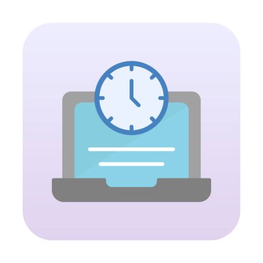 Saat simgesi olan dizüstü bilgisayar, vektör illüstrasyonu. Fazla çalışma kavramı                