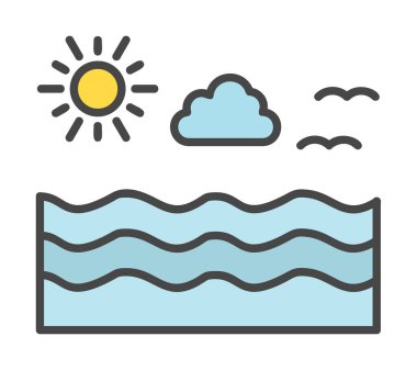 Uçan martılar ikonuyla güneş ve denizin vektör çizimi 