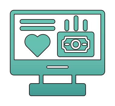 Para ve kalp web simgesi, vektör illüstrasyonlu bilgisayar monitörü