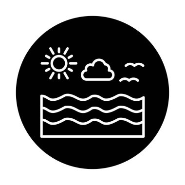 Uçan martılar ikonuyla güneş ve denizin vektör çizimi 