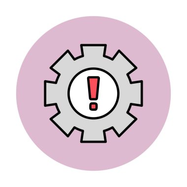 Cogwheel ve ünlem işaretli Uyarı düz simgesinin vektör çizimi