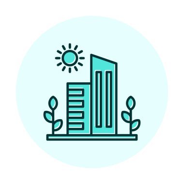 Güneş, bitkiler ve binalar vektör çizimi. Yeşil Şehir kavramı                            