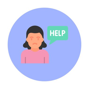 Yardımcı konuşma balonu simgesi, vektör illüstrasyonlu üzgün kadın