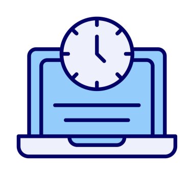 Saat simgesi olan dizüstü bilgisayar, vektör illüstrasyonu. Fazla çalışma kavramı                