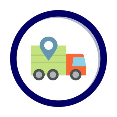 konum simgesine sahip dağıtım kamyonu, basit vektör illüstrasyonu