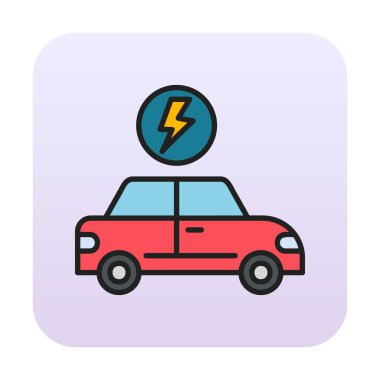 Elektrikli araba ikonu. Elektrikli otomobil ve şarj sembolü. Çevre dostu elektro araç konsepti. Vektör illüstrasyonu 