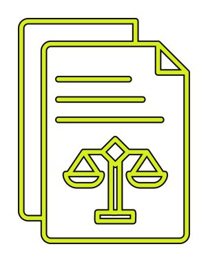 Yasal belgeler satır simgesi. Adalet terazisi imzası. Hüküm doktoru sembolü. Vektör illüstrasyonu 