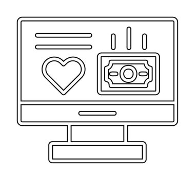 Para ve kalp web simgesi, vektör illüstrasyonlu bilgisayar monitörü