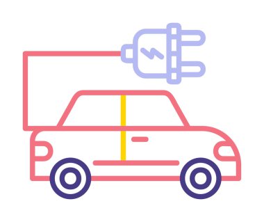 Elektrikli araba ikonu. Elektrikli otomobil ve şarj sembolü. Çevre dostu elektro araç konsepti. Vektör illüstrasyonu 