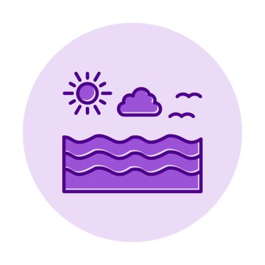 Uçan martılar ikonuyla güneş ve denizin vektör çizimi 