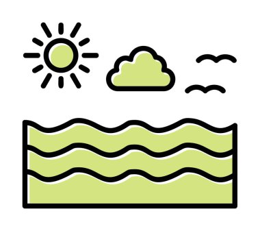 Uçan martılar ikonuyla güneş ve denizin vektör çizimi 