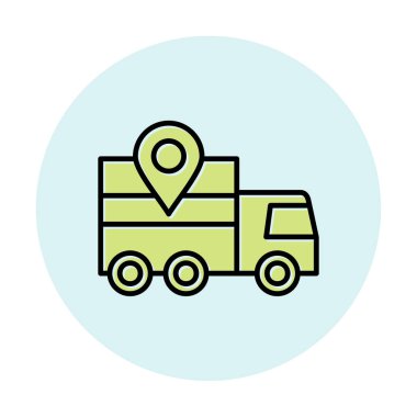 konum simgesine sahip dağıtım kamyonu, basit vektör illüstrasyonu