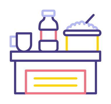 Şişeli masa, bir kase pirinç ve bir fincan ikon vektör illüstrasyonu.