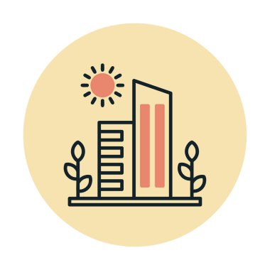 Güneş, bitkiler ve binalar vektör çizimi. Yeşil Şehir kavramı                            