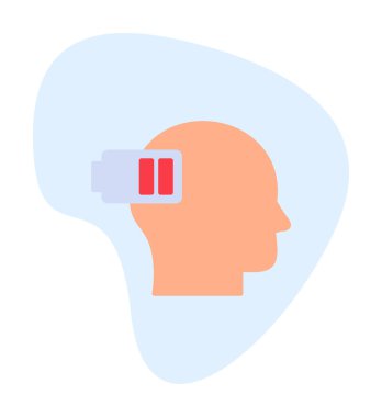 Düşük pil işaretli insan kafası, tükenmiş adam konsepti, vektör çizimi