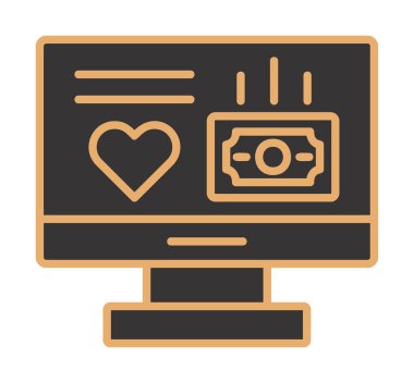 Para ve kalp web simgesi, vektör illüstrasyonlu bilgisayar monitörü