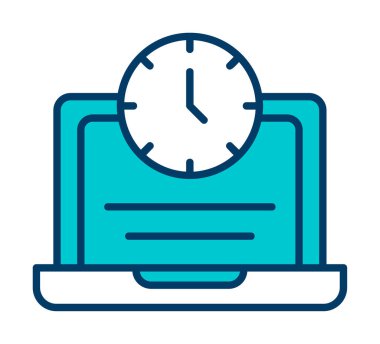 Saat simgesi olan dizüstü bilgisayar, vektör illüstrasyonu. Fazla çalışma kavramı                