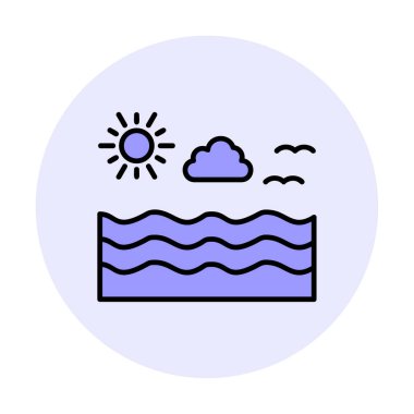 Uçan martılar ikonuyla güneş ve denizin vektör çizimi 