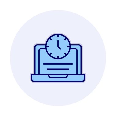 Saat simgesi olan dizüstü bilgisayar, vektör illüstrasyonu. Fazla çalışma kavramı                