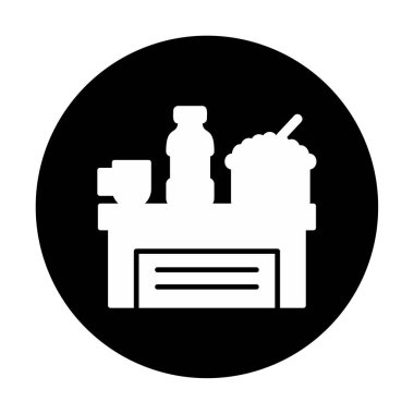 Şişeli masa, bir kase pirinç ve bir fincan ikon vektör illüstrasyonu.