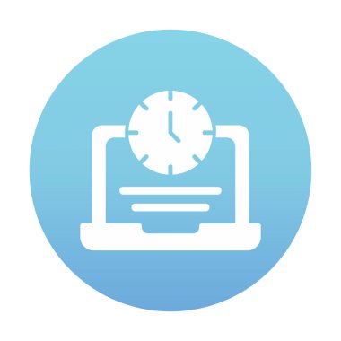 Saat simgesi olan dizüstü bilgisayar, vektör illüstrasyonu. Fazla çalışma kavramı                