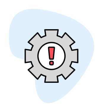 Cogwheel ve ünlem işaretli Uyarı düz simgesinin vektör çizimi