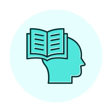 Beyaz arkaplanda izole edilmiş modaya uygun düz biçimli kitap simgesine sahip baş. 