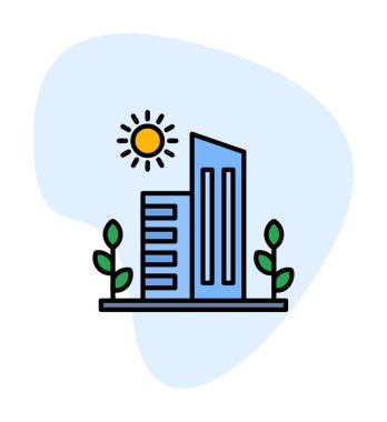 Güneş, bitkiler ve binalar vektör çizimi. Yeşil Şehir kavramı                            