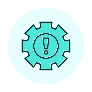Cogwheel ve ünlem işaretli Uyarı düz simgesinin vektör çizimi