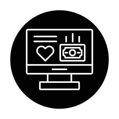 Para ve kalp web simgesi, vektör illüstrasyonlu bilgisayar monitörü