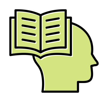 Beyaz arkaplanda izole edilmiş modaya uygun düz biçimli kitap simgesine sahip baş. 