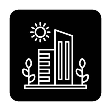 Güneş, bitkiler ve binalar vektör çizimi. Yeşil Şehir kavramı                            