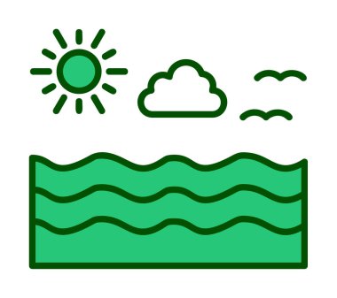 Uçan martılar ikonuyla güneş ve denizin vektör çizimi 