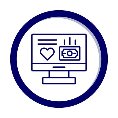 Para ve kalp web simgesi, vektör illüstrasyonlu bilgisayar monitörü