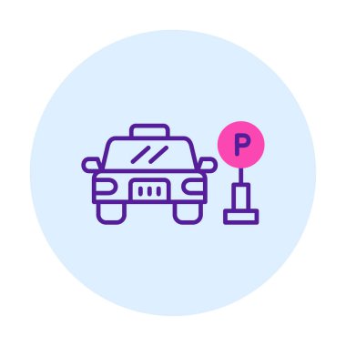 Çember vektör illüstrasyonunda park simgesinin yanındaki araba