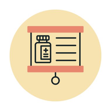 Tıbbi şişe simgesiyle sunum tahtası, vektör illüstrasyonu