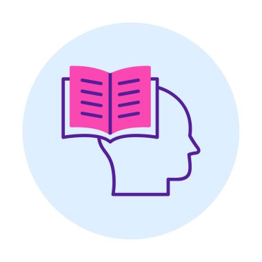 Beyaz arkaplanda izole edilmiş modaya uygun düz biçimli kitap simgesine sahip baş. 