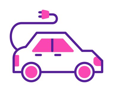 Elektrikli araba ikonu. Elektrikli otomobil ve şarj sembolü. Çevre dostu elektro araç konsepti. Vektör illüstrasyonu 