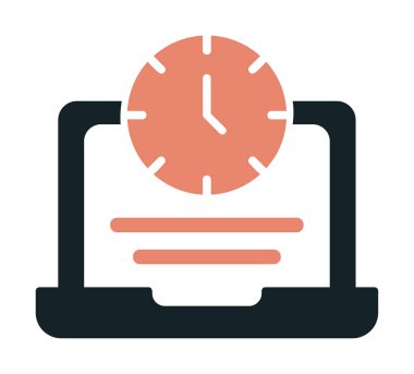 Saat simgesi olan dizüstü bilgisayar, vektör illüstrasyonu. Fazla çalışma kavramı                