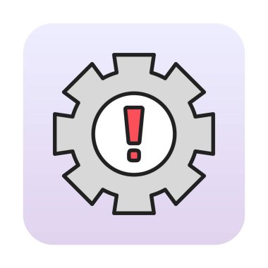 Cogwheel ve ünlem işaretli Uyarı düz simgesinin vektör çizimi