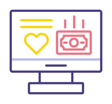 Para ve kalp web simgesi, vektör illüstrasyonlu bilgisayar monitörü