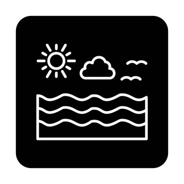 Uçan martılar ikonuyla güneş ve denizin vektör çizimi 