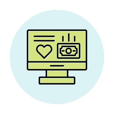 Para ve kalp web simgesi, vektör illüstrasyonlu bilgisayar monitörü