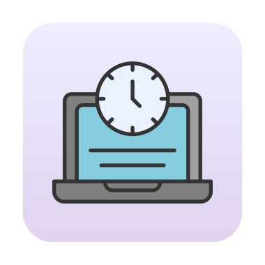 Saat simgesi olan dizüstü bilgisayar, vektör illüstrasyonu. Fazla çalışma kavramı                