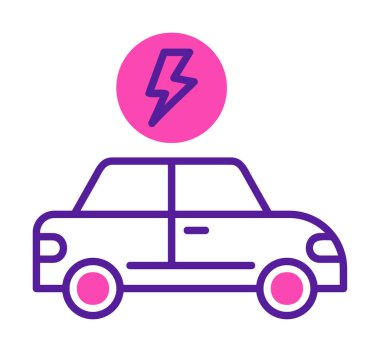 Elektrikli araba ikonu. Elektrikli otomobil ve şarj sembolü. Çevre dostu elektro araç konsepti. Vektör illüstrasyonu 